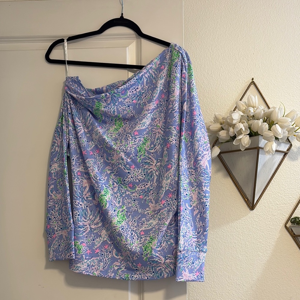 Lilly Pulitzer Vibrant Blue and Pink Floral Garment. One shoulder